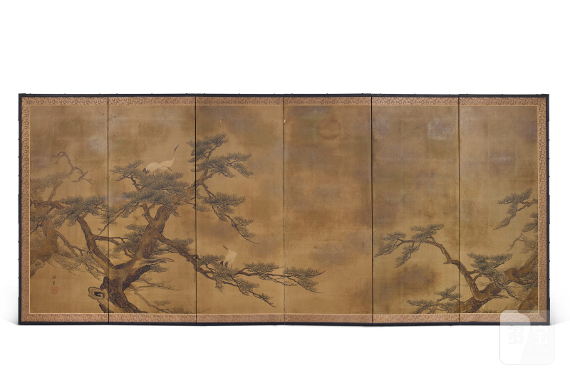 A SIX-FOLD SCREEN DEPICTING CRANES ON PINE TREES  JAPAN, 20TH CENTURY - 图1